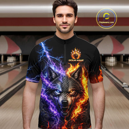 Men’s fire lightning wolf bowling quarter zip shirt, front view on male model in bowling lane 
