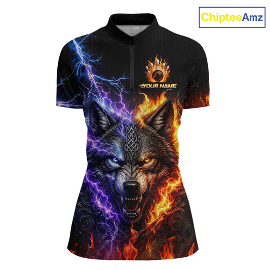 Custom fire lightning wolf bowling jersey for women, personalized team bowling quarter zip shirt front view