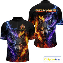 Load image into Gallery viewer, Custom fire lightning wolf bowling jersey for men, personalized team bowling quarter zip shirt front view and back view 