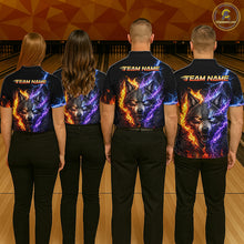 Load image into Gallery viewer, Group of bowlers in fire lightning wolf team shirts, personalized bowling uniforms back view.