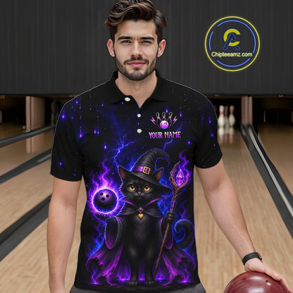 A man wearing a black short-sleeve polo shirt with a vibrant purple and black wizard cat graphic, standing in a bowling alley. The shirt features a black cat dressed as a wizard with a purple staff and glowing purple energy effects, with a customizable name print on the chest.