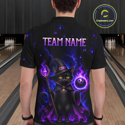 A man viewed from behind wearing a black short-sleeve polo shirt with a large graphic print of a black cat wizard holding a staff and glowing purple energy, with the text 'TEAM NAME' across the upper back. Bowling alley lanes are visible in the background, and a circular 'Chipteeamz.