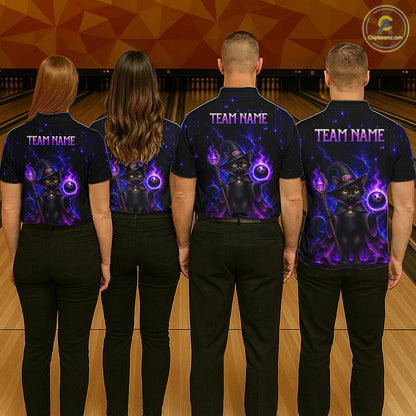 Four people standing from the back in a bowling alley, wearing matching black short-sleeve shirts with a purple and black cat graphic and the text 'TEAM NAME' printed across the upper back.