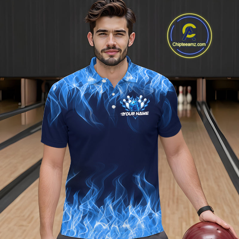 Custom Blue Flame Bowling Shirts For Men Bowling Team Jerseys Bowling League for Bowler HNT597
