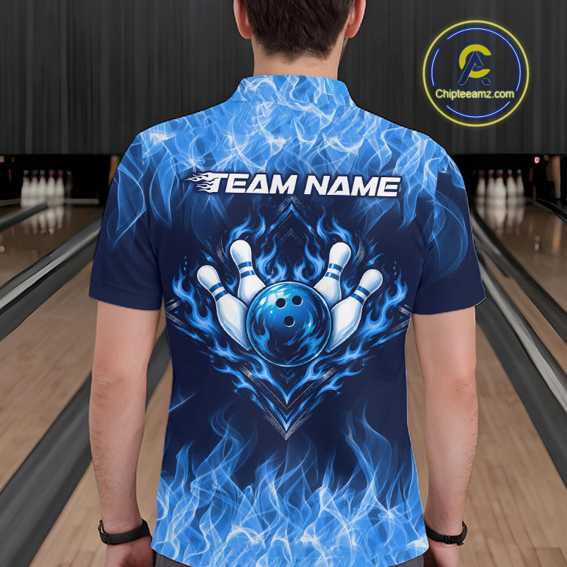 Custom Blue Flame Bowling Shirts For Men Bowling Team Jerseys Bowling League for Bowler HNT597