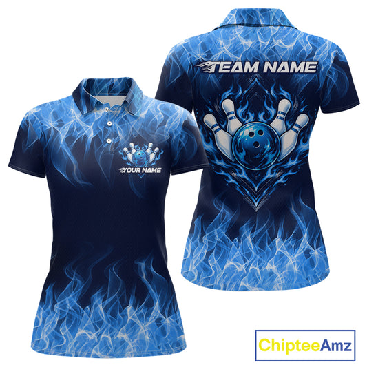 Custom Blue Flame Bowling Shirts For Women Bowling Team Jerseys Bowling League for Bowler HNT597