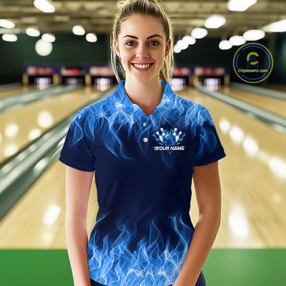 Custom Blue Flame Bowling Shirts For Women Bowling Team Jerseys Bowling League for Bowler HNT597