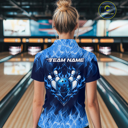 Custom Blue Flame Bowling Shirts For Women Bowling Team Jerseys Bowling League for Bowler HNT597
