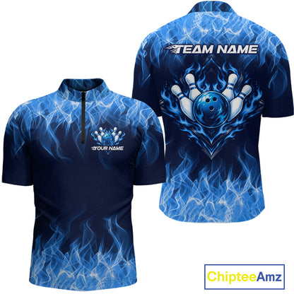 Custom Blue Flame Bowling Shirts For Men Bowling Team Jerseys Bowling League for Bowler HNT597