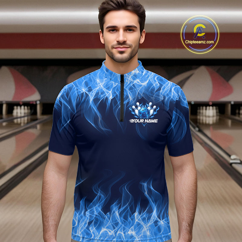 Custom Blue Flame Bowling Shirts For Men Bowling Team Jerseys Bowling League for Bowler HNT597
