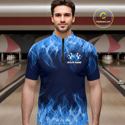 Custom Blue Flame Bowling Shirts For Men Bowling Team Jerseys Bowling League for Bowler HNT597