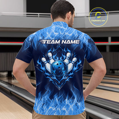 Custom Blue Flame Bowling Shirts For Men Bowling Team Jerseys Bowling League for Bowler HNT597