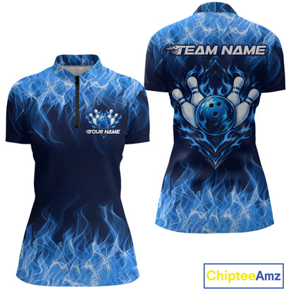 Custom Blue Flame Bowling Shirts For Women Bowling Team Jerseys Bowling League for Bowler HNT597