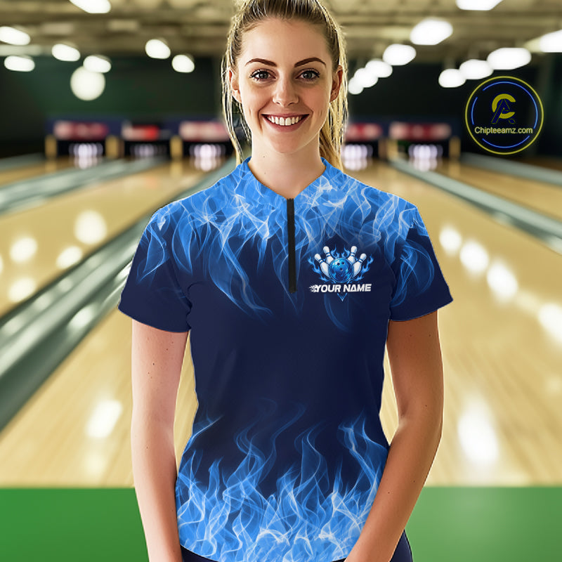 Custom Blue Flame Bowling Shirts For Women Bowling Team Jerseys Bowling League for Bowler HNT597