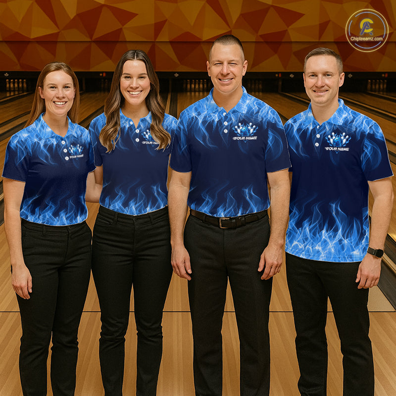 Custom Blue Flame Bowling Shirts For Men Bowling Team Jerseys Bowling League for Bowler HNT597