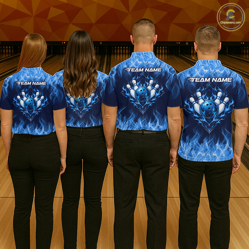 Custom Blue Flame Bowling Shirts For Men Bowling Team Jerseys Bowling League for Bowler HNT597