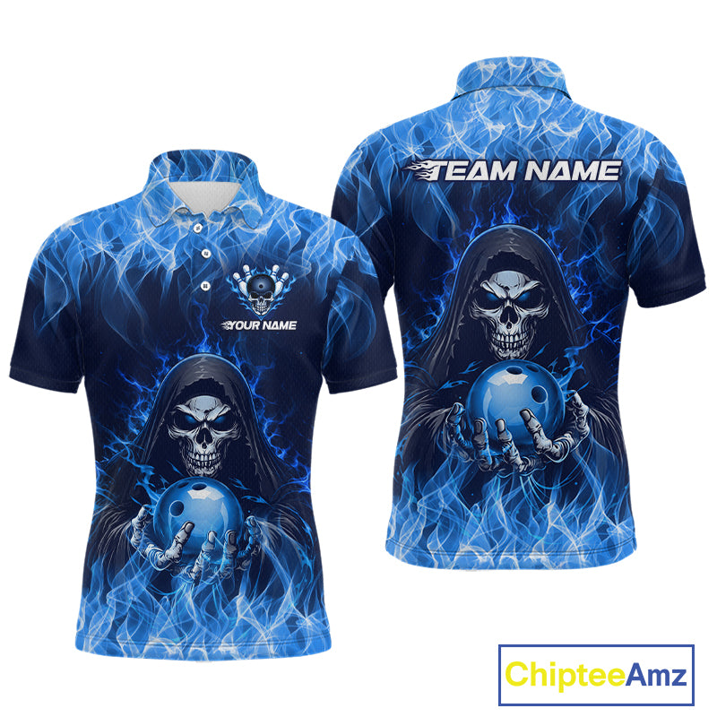 Custom Blue Flame Grim Reaper Bowling Shirts For Men Bowling Team Jerseys Bowling League HNT598