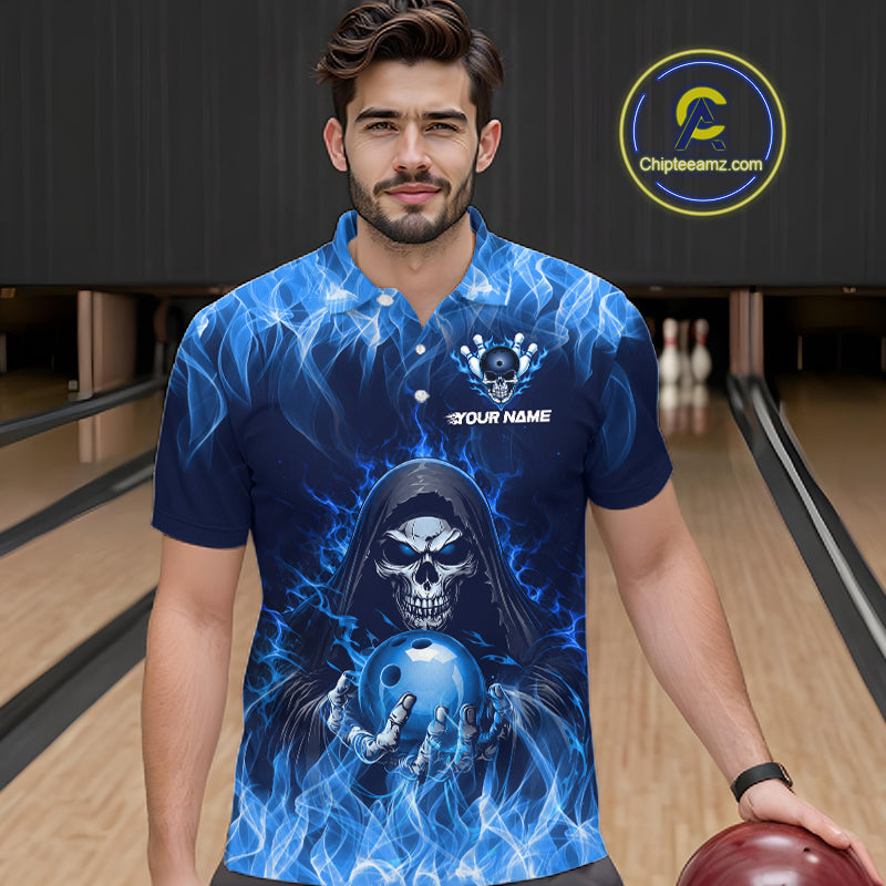 Custom Blue Flame Grim Reaper Bowling Shirts For Men Bowling Team Jerseys Bowling League HNT598