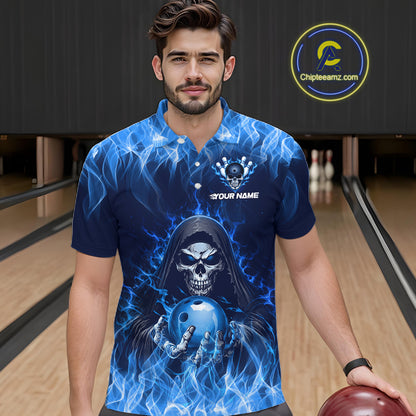 Custom Blue Flame Grim Reaper Bowling Shirts For Men Bowling Team Jerseys Bowling League HNT598