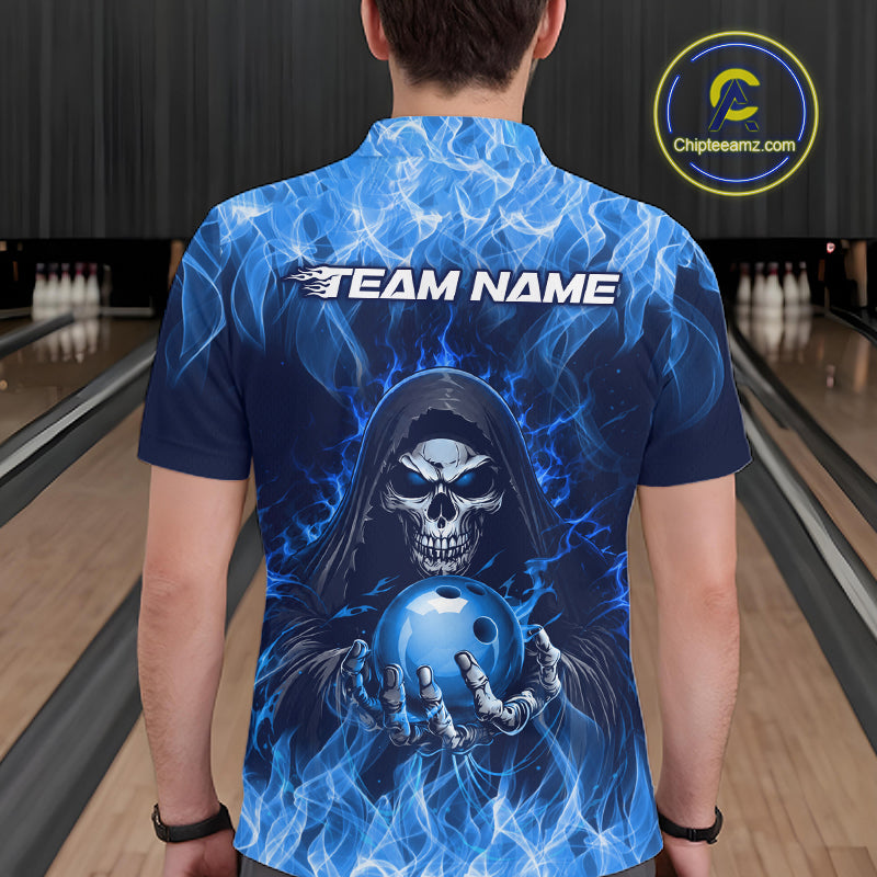 Custom Blue Flame Grim Reaper Bowling Shirts For Men Bowling Team Jerseys Bowling League HNT598