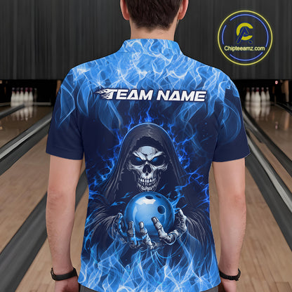 Custom Blue Flame Grim Reaper Bowling Shirts For Men Bowling Team Jerseys Bowling League HNT598