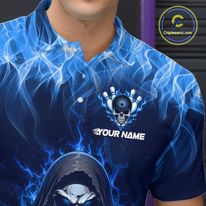 Custom Blue Flame Grim Reaper Bowling Shirts For Men Bowling Team Jerseys Bowling League HNT598