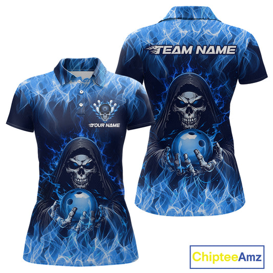 Custom Blue Flame Grim Reaper Bowling Shirts For Women Bowling Team Jerseys Bowling League HNT598