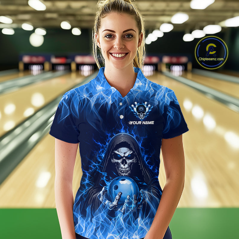 Custom Blue Flame Grim Reaper Bowling Shirts For Women Bowling Team Jerseys Bowling League HNT598