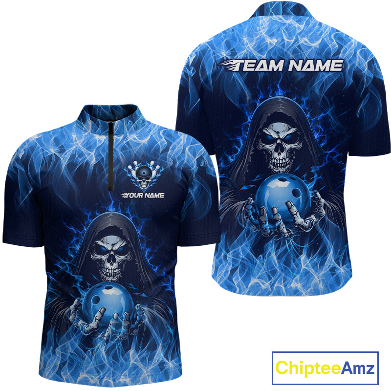 Custom Blue Flame Grim Reaper Bowling Shirts For Men Bowling Team Jerseys Bowling League HNT598