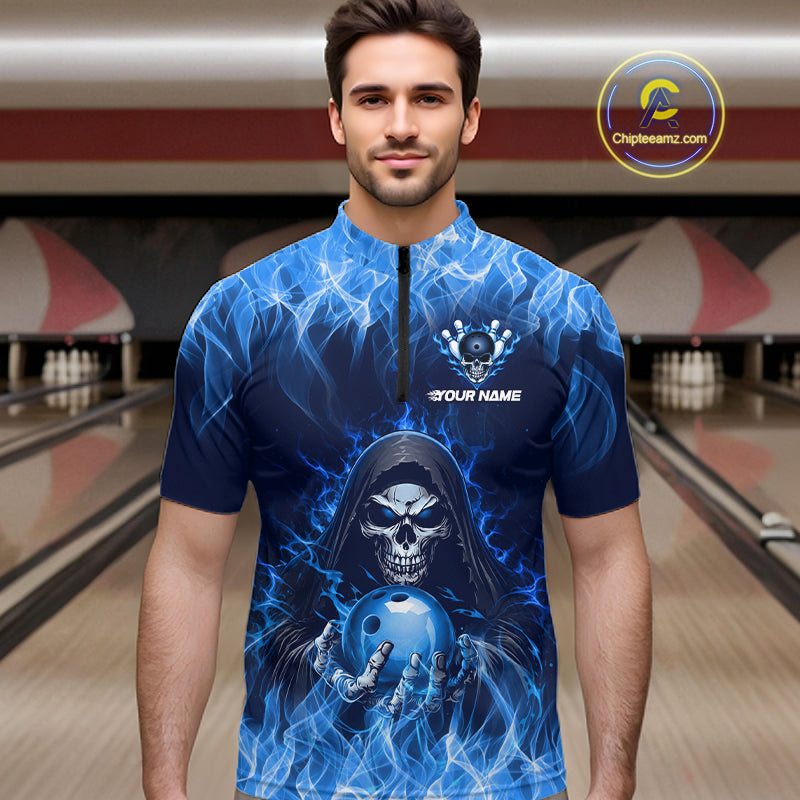 Custom Blue Flame Grim Reaper Bowling Shirts For Men Bowling Team Jerseys Bowling League HNT598
