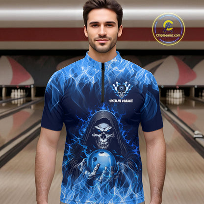 Custom Blue Flame Grim Reaper Bowling Shirts For Men Bowling Team Jerseys Bowling League HNT598