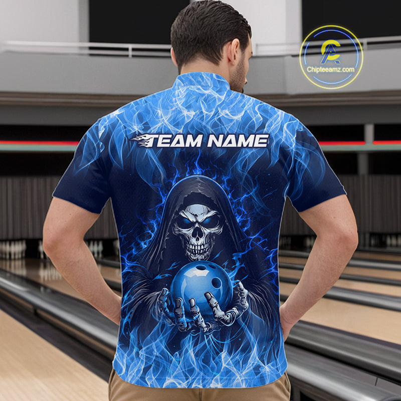 Custom Blue Flame Grim Reaper Bowling Shirts For Men Bowling Team Jerseys Bowling League HNT598