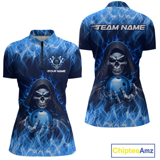 Custom Blue Flame Grim Reaper Bowling Shirts For Women Bowling Team Jerseys Bowling League HNT598