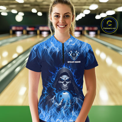 Custom Blue Flame Grim Reaper Bowling Shirts For Women Bowling Team Jerseys Bowling League HNT598