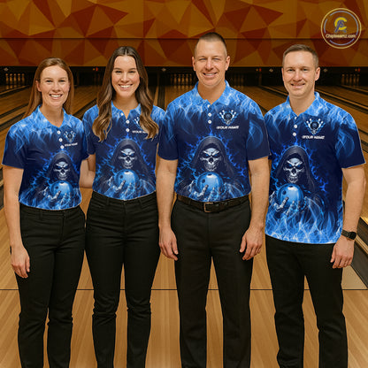 Custom Blue Flame Grim Reaper Bowling Shirts For Women Bowling Team Jerseys Bowling League HNT598
