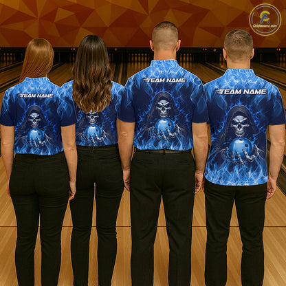 Custom Blue Flame Grim Reaper Bowling Shirts For Women Bowling Team Jerseys Bowling League HNT598