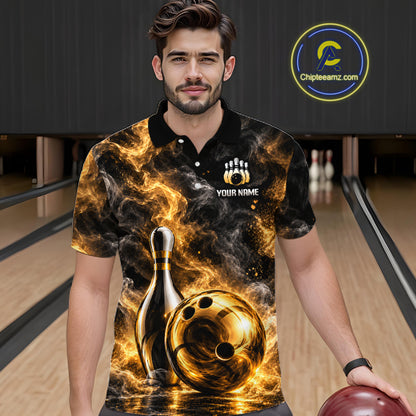 Custom Smoke Black Gold Bowling Team Jersey Bowling Shirts for Men Bowling League for Bowler HNT668