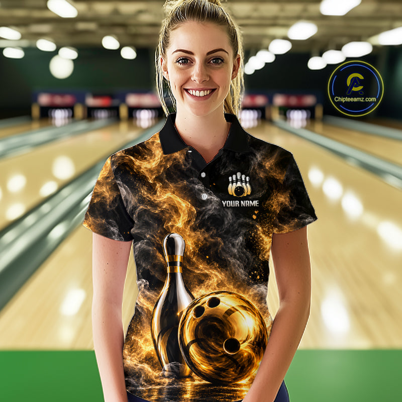 Custom Smoke Black Gold Bowling Team Jersey Bowling Shirts for Women Bowling League for Bowler HNT668
