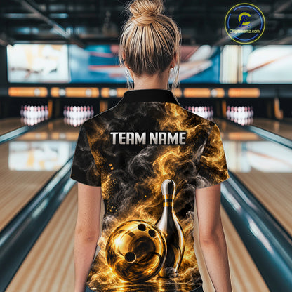 Custom Smoke Black Gold Bowling Team Jersey Bowling Shirts for Women Bowling League for Bowler HNT668