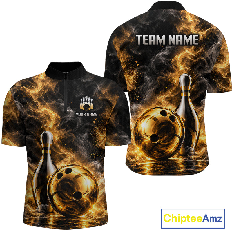 Custom Smoke Black Gold Bowling Team Jersey Bowling Shirts for Men Bowling League for Bowler HNT668