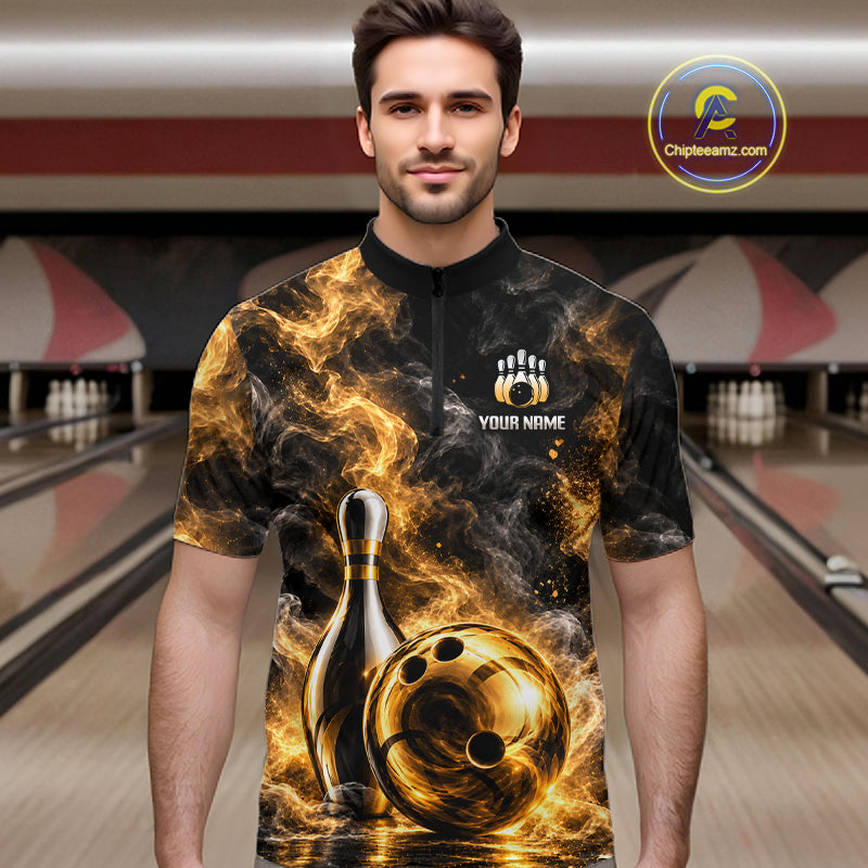 Custom Smoke Black Gold Bowling Team Jersey Bowling Shirts for Men Bowling League for Bowler HNT668