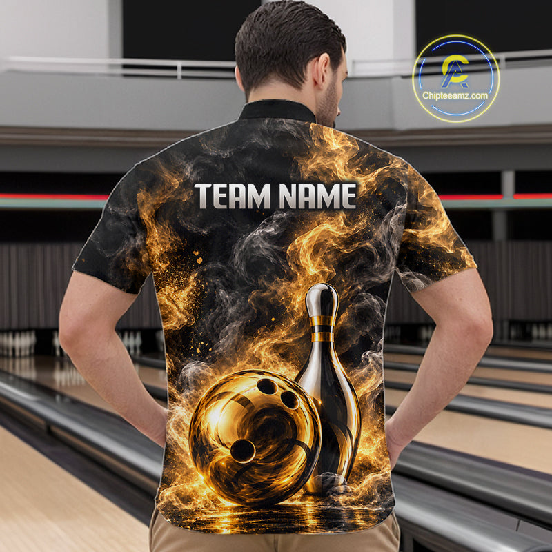 Custom Smoke Black Gold Bowling Team Jersey Bowling Shirts for Men Bowling League for Bowler HNT668