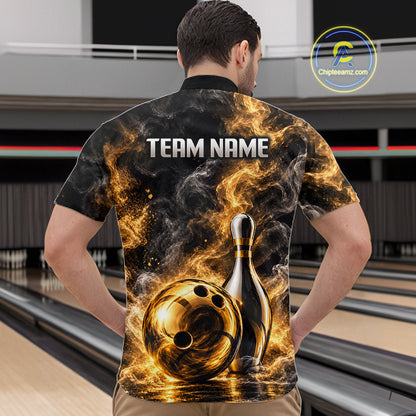Custom Smoke Black Gold Bowling Team Jersey Bowling Shirts for Men Bowling League for Bowler HNT668
