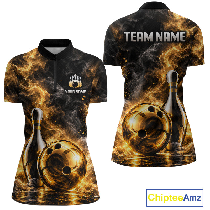 Custom Smoke Black Gold Bowling Team Jersey Bowling Shirts for Women Bowling League for Bowler HNT668