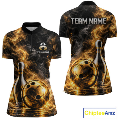 Custom Smoke Black Gold Bowling Team Jersey Bowling Shirts for Women Bowling League for Bowler HNT668