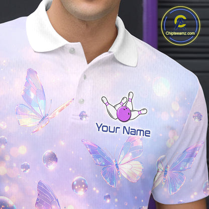 Custom Butterfly Pastel Purple Bowling Shirts For Men, Bowling Team Shirt With Butterflies HNT278