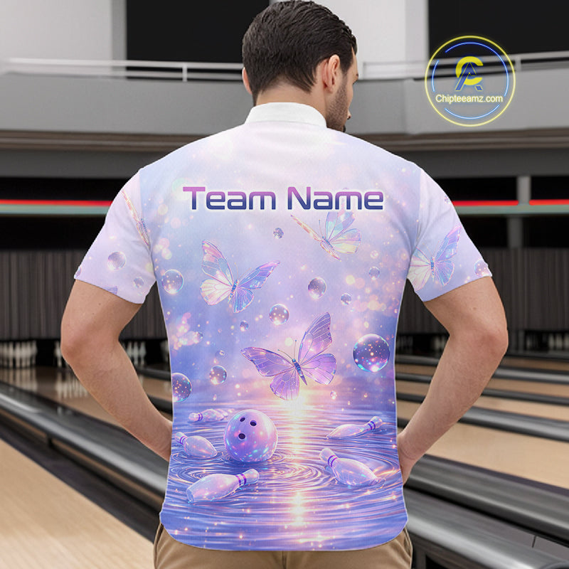 Custom Butterfly Pastel Purple Bowling Shirts For Men, Bowling Team Shirt With Butterflies HNT278