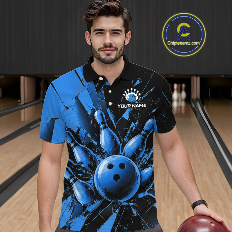A man wearing a custom bowling-themed polo shirt with a blue and black shattered glass design featuring a bowling ball graphic. The shirt has a black collar and sleeve cuffs, with a white customizable name printed on the chest.