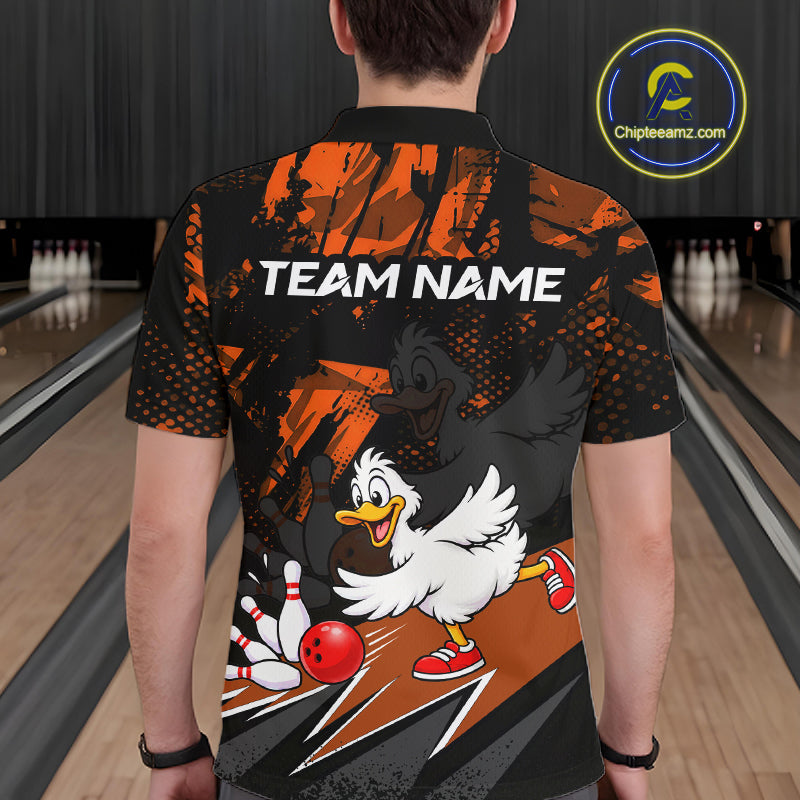 Custom Orange Funny Duck Bowling Team Shirts for Men Bowling League Shirts Polo & 1/4 Zip HNT633