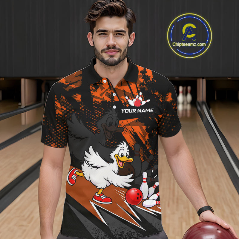 Custom Orange Funny Duck Bowling Team Shirts for Men Bowling League Shirts Polo & 1/4 Zip HNT633